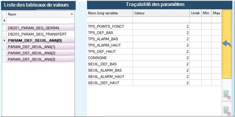 Traçabilité des tableaux de valeurs